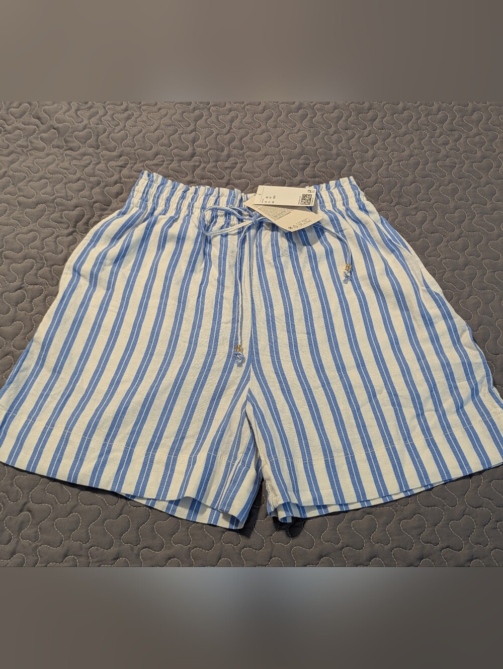 NWT H&M Blue Stripe Linen Blend Drawstring Womens Shorts Size XS